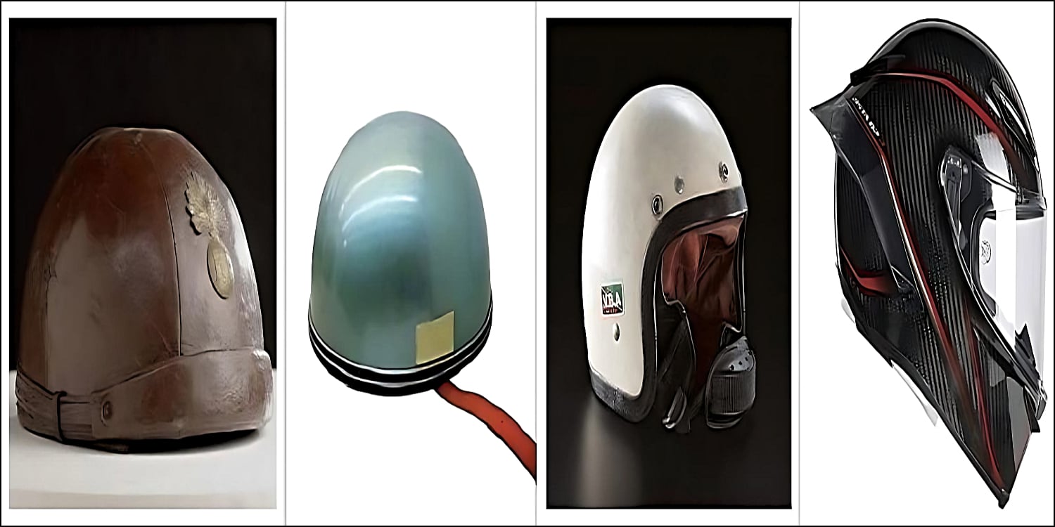 The evolution of motorcycle helmets from leather-clad rubber and cork WWII British military riding caps to puddling bowls to the first motorcycle jet helmet by AGV with a wraparound design, to the carbon fiber AGV Pista GP-R (about as high-end as you can go with motorcycle helmets).