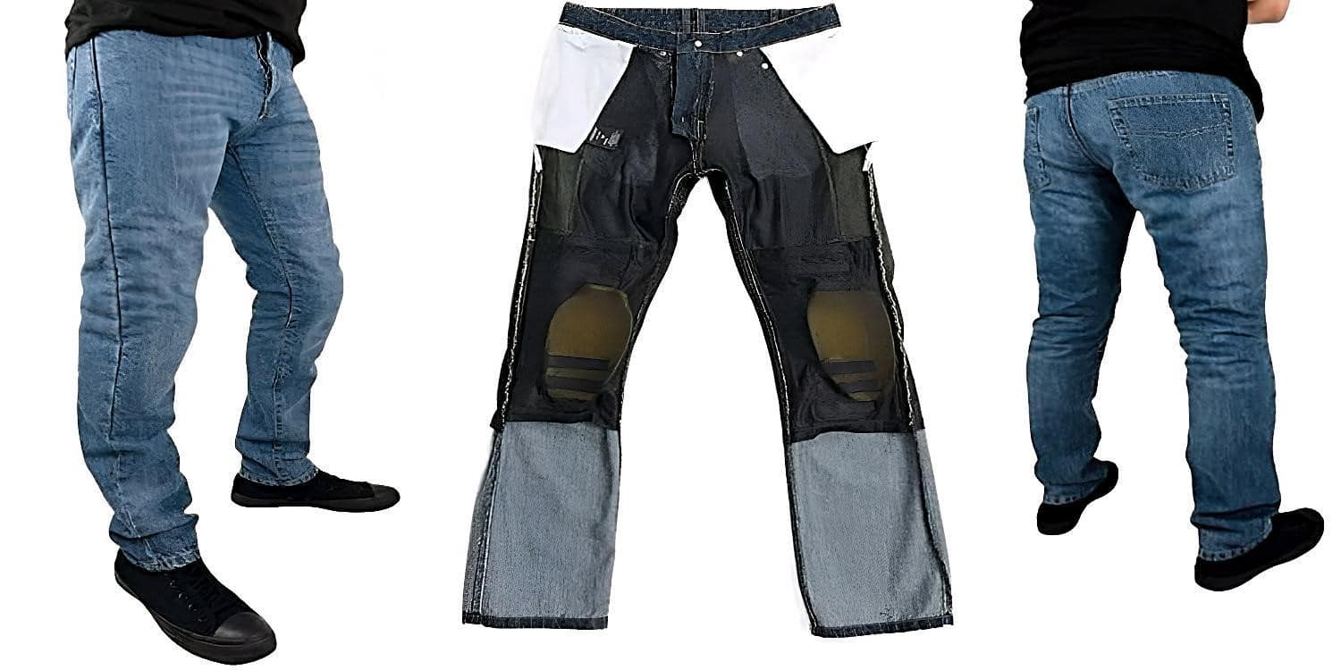 A side and rear look at the new AGVSPORT 8000 Motorcycle Jeans. This fashionable denim jean with 5 pockets and belt loops looks normal, so your buddies won’t even know you own a two-wheeler. The premium materials provide 10 times more than regular denim.