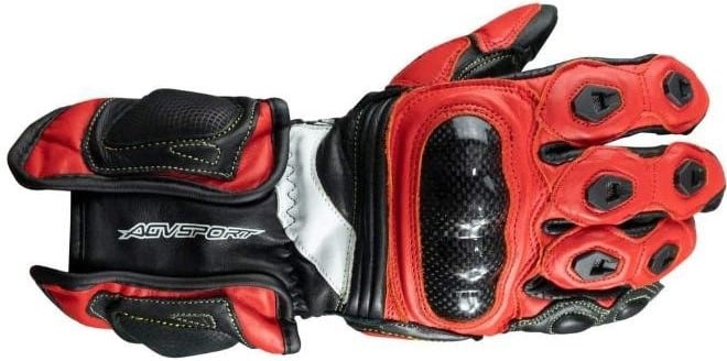 AGVSPORT Laguna leather racing glove with genuine carbon fiber armor and shock-absorbing memory foam on the knuckles for extra protection. Made with a combination of nylon and leather, these gloves are designed for motorcycle racing.