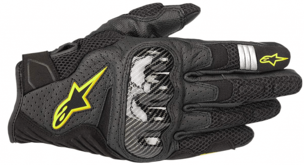 Alpinestars SMX-1 Air v2 motorcycle riding glove in black and size large. The glove features a combination of perforated leather and heavy-duty mesh for breathability during hot weather while still providing basic motorcycle protection.