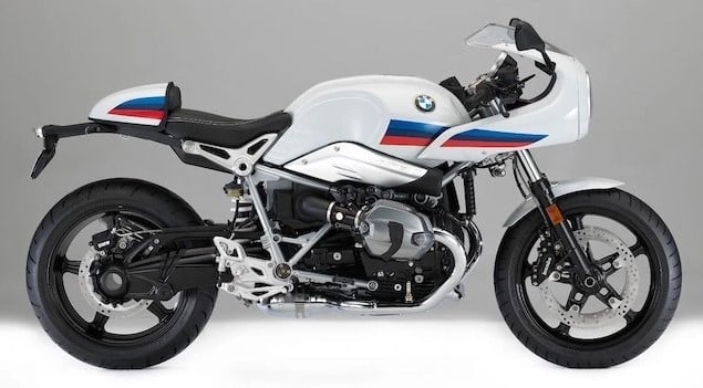 Right profile of the BMW R NineT Racer (2017– 2019) with Beemer red, blue, and white and its classic headlight cowl modeled after their 1970s racing heritage.