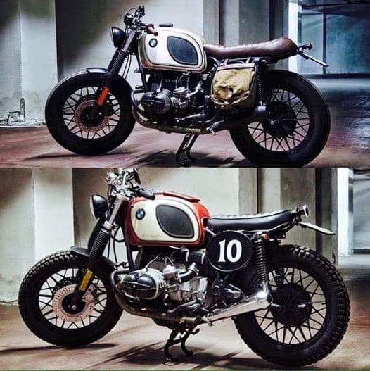 Two custom BMW motorcycles, a cafe racer (top) and scrambler (bottom). The cafe racer has street tires and a humped seat, whereas scramblers come with off-road worthy tires.