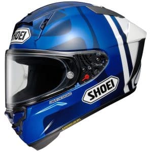 The new Shoei X-15 in blue and white graphics bearing striking resemblance to the outgoing X-14, minus the eyebrow vents and redesigned chin vent with allowance for hydration pipe. A proven race weapon, it’s a testament to Shoei’s continued innovation and collaboration with the MotoGP sport to garner insights to making ever safer and more efficient helmets.