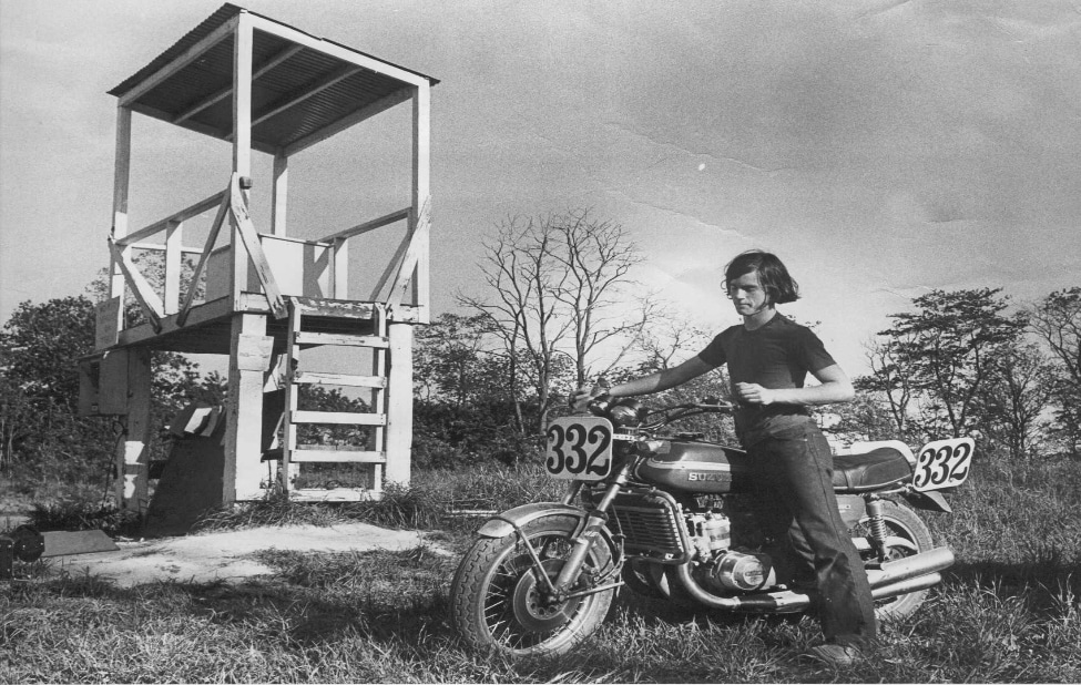 Here's a picture of me, Michael Parrotte, with the iconic Suzuki GT 750 'Water Buffalo' at the 1977 Summit Point Raceway.