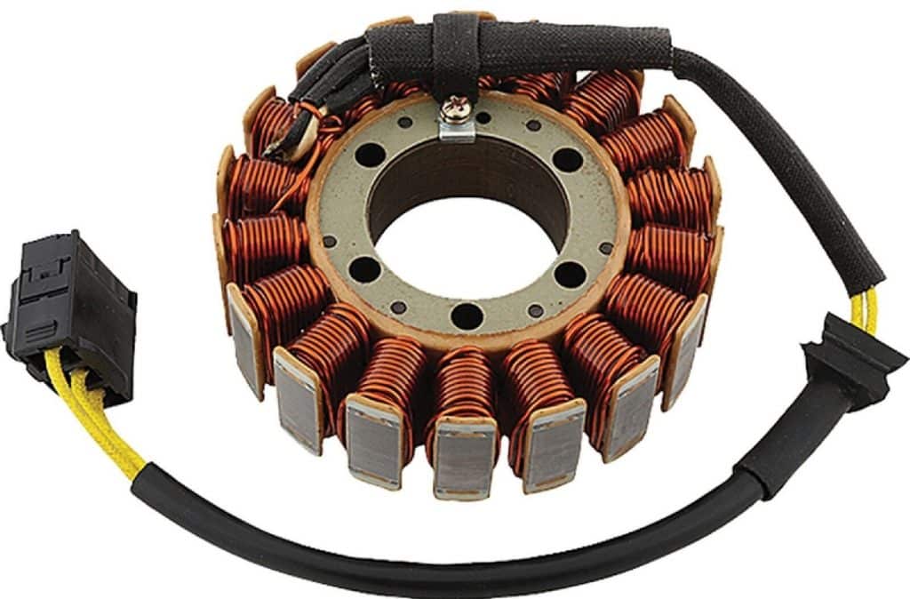 Part image of a generic stator for use with motorcycles. This stator has a total of 18 poles and a three phase output carried by three yellow wires.