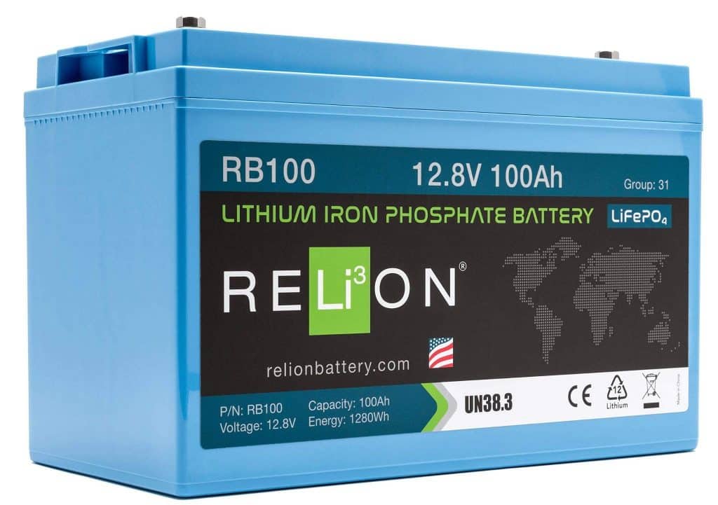 A Lithium Iron Phosphate battery by Relion. Lithium batteries are non-spillable and considerably lighter and compact than lead-acid batteries.