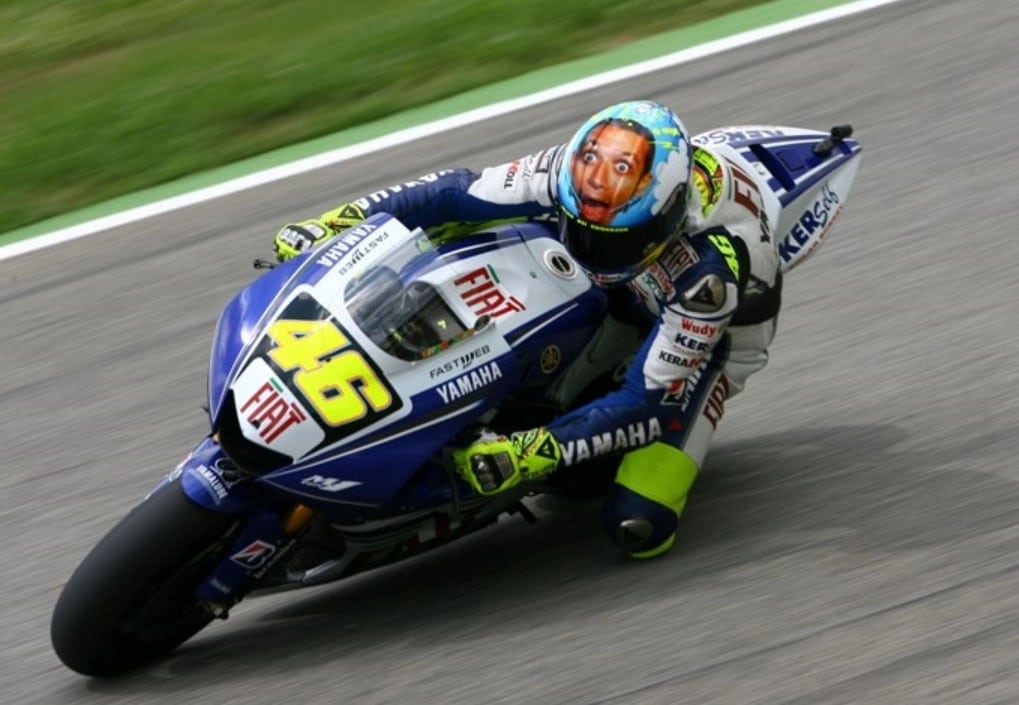 Valentino Rossi wearing the iconic 'Rossi Face' helmet during the Mugello Round in 2008.