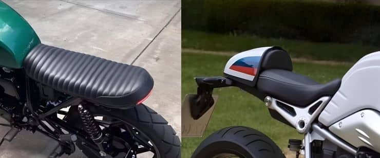 On the left, an illustrated depiction of an original pre-1980s OEM Suzuki GS850 Café Racer seat, and on the right, an illustration portraying a modern context with an OEM BMW R19 Racer seat. In the past, modified early cafe racers usually featured a cowling or tail section behind the seat, whereas motorcycles from manufacturers typically had only a seat. But the situation has now reversed. In contemporary times, motorcycles frequently come with a cowling or tail section, while those crafting a cafe racer often opt to shorten or completely remove it to visually achieve a short seat over the rear wheel, resulting in a minimalist appearance.