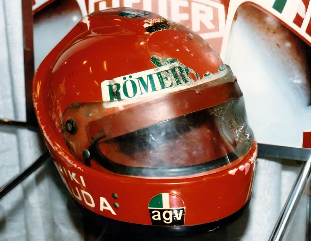 The AGV X1 helmet, the very one worn by Niki Lauda during his harrowing crash at the Nürburgring German Grand Prix on August 1, 1976. In the late '80s and early '90s, I proudly displayed this original helmet from the crash in my living room as part of my helmet collection before it was sent to Tokyo, Japan for an exhibition where it mysteriously “disappeared.”