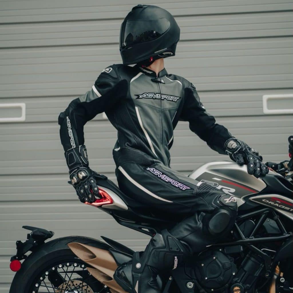 Fully geared up, adorned in the AGVSPORT Monza suit, ready for the ride.