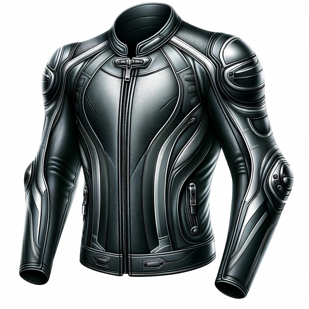 An illustration of a motorcycle sport-style leather jacket in black and silver, featuring integrated body armor protection, viewed from the left angle.