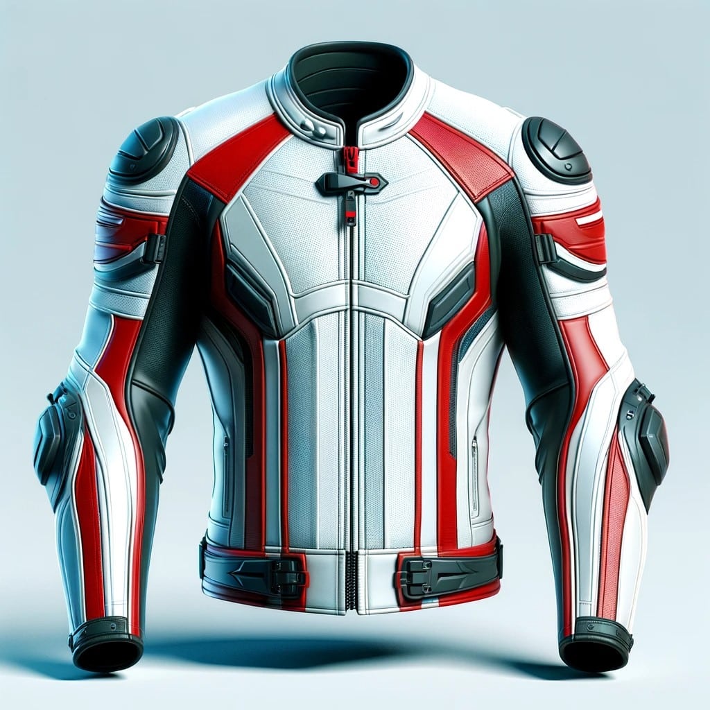 An illustrative portrayal of a white and red motorcycle sport-style leather jacket showcasing seamlessly integrated body armor protection.