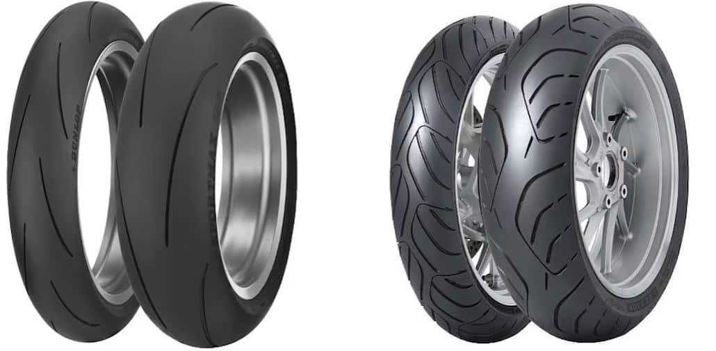 Comparison between the track-focused Sportmax Q5 sport tire (left) and the latest sport-touring tire, the Dunlop Roadsmart IV (right). Note the significant difference in siping, indicating potential variations in performance, especially in wet conditions. The Q5 excels in high-speed track leans, while the Roadsmart stands out for versatility in various conditions, especially cool or wet weather, with an extended lifespan.