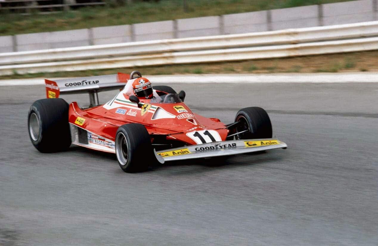 Niki Lauda wearing his helmet during practice for the 1976 German Grand Prix.