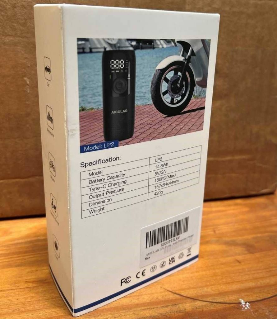 The Aigular Smart Tire Inflator Package Displaying Specifications
