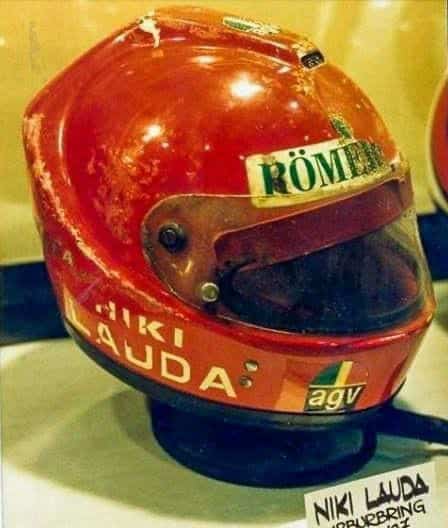 Niki Lauda's 1976 Nürburgring crash helmet on display.