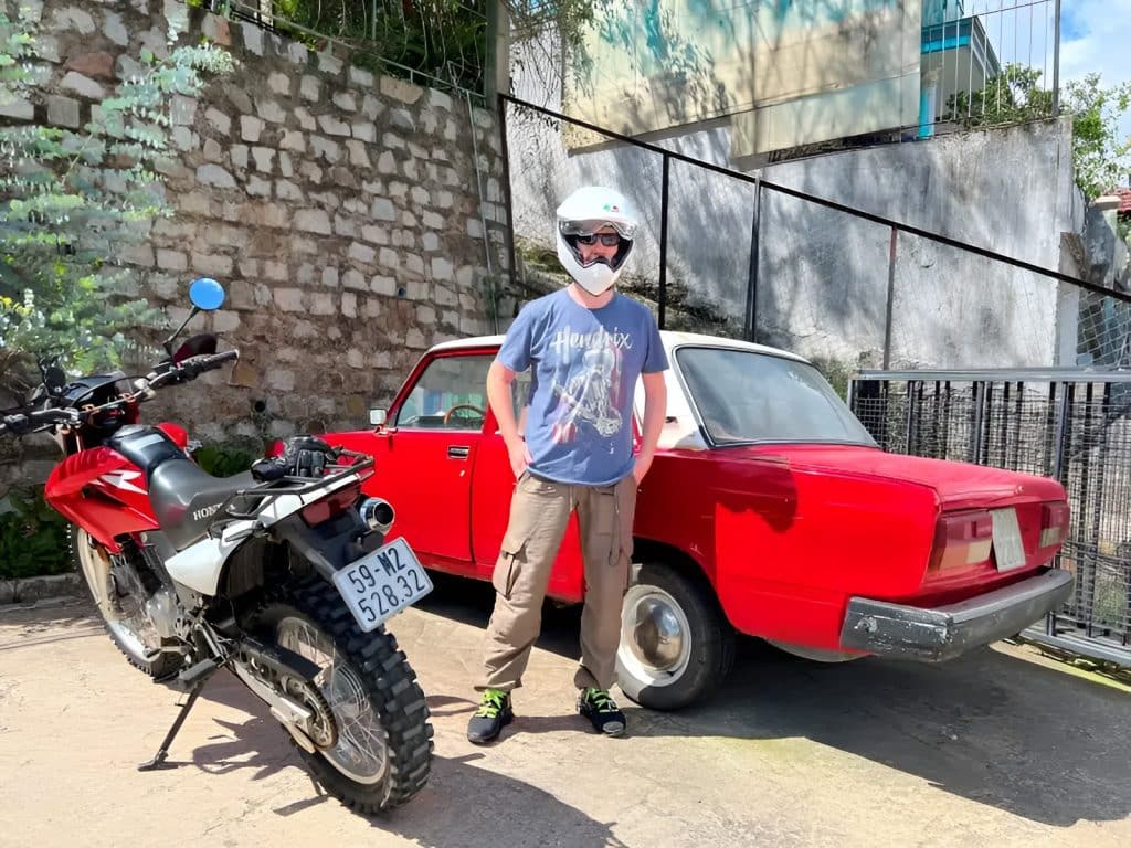 Taking a break after riding my Honda XR four-stroke off-road motorcycle through Đà Lạt, Măng Đen, Pleiku, and Buôn Ma Thuột in Vietnam.