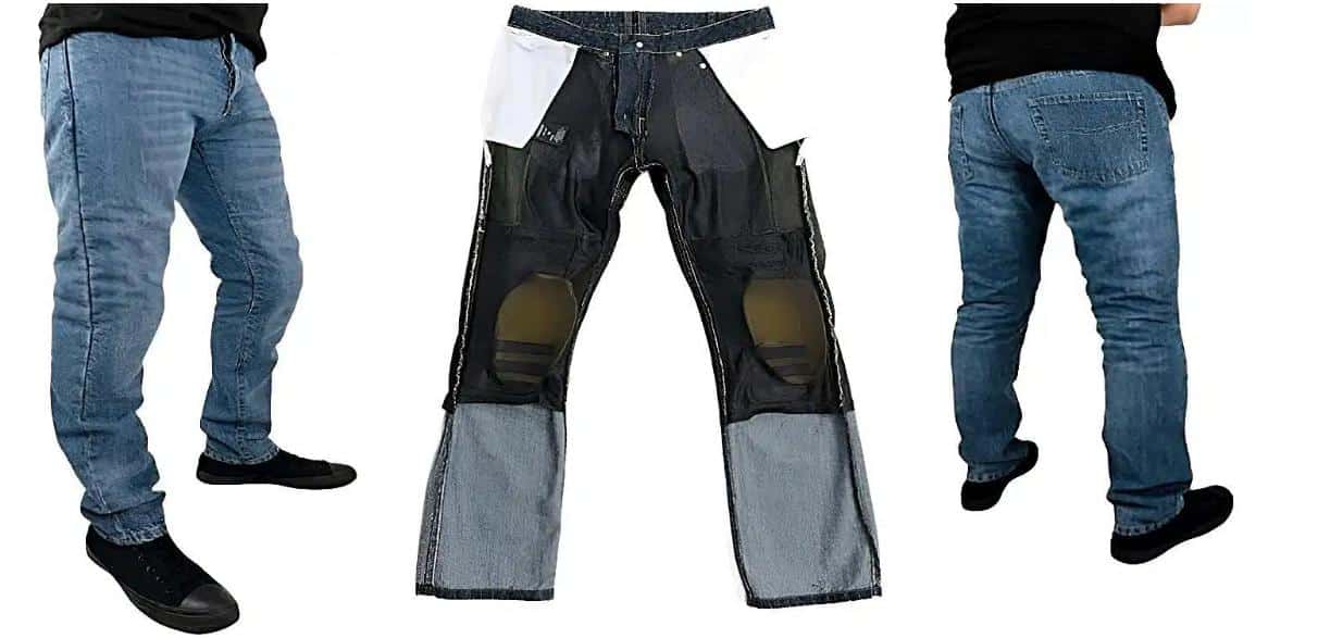 Side, inside, and rear view of the stylish AGVSPORT 8000 Motorcycle Jeans. These fashionable denim jeans feature knee armor that ensure optimal protection without compromising style. Ride incognito, as your buddies won't even suspect you're a motorcycle enthusiast. With a cutting-edge combination of safety materials, Kevlar motorcycle jeans offer an impressive 10 times the strength of regular denim.