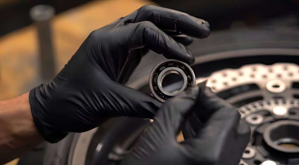 Inspecting a new motorcycle wheel bearing before installation. Checking for smooth rotation and verifying the bearing number to ensure the correct fit for the wheel hub.
